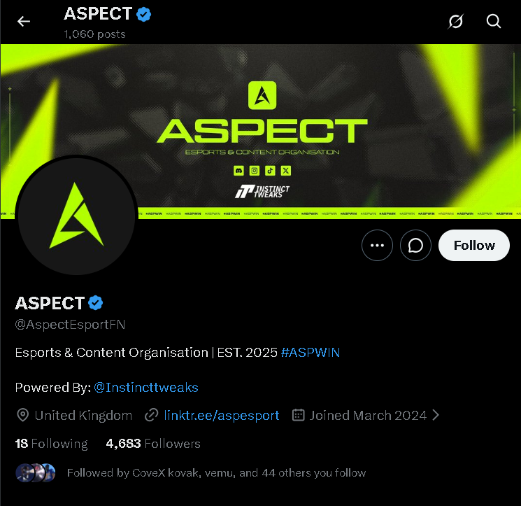 Aspect Esports profile page on X (Twitter) - @AspectEsportFN, 4,683 followers